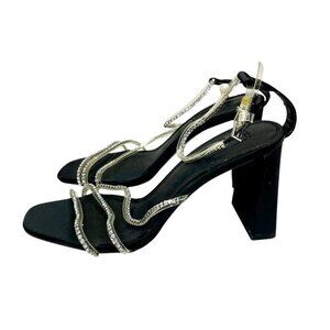 Topshop Black Heels Satin Block Heel Rhinestones Embellished Straps SZ 42 EU NEW